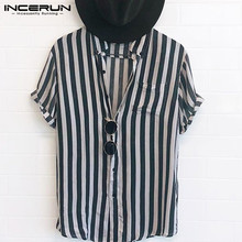 INCERUN летняя модная брендовая мужская рубашка в полоску, уличная рубашка с отворотом и пуговицами, топы с короткими рукавами, мужская повседневная рубашка Camisa 2020 S-5XL 2024 - купить недорого