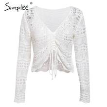 Simplee Bohemian v-neck drawstring women white blouse shirt Casual wear hollow out embroidery female top shirt Casual summer top 2024 - buy cheap