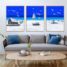 Nordic Simple Mediterranean Fresh and Tranquil Beach Gull Sailing Oil Painting Living Room Decorative Canvas Painting Frameless 2024 - buy cheap