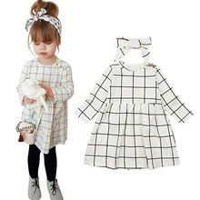 Повседневное клетчатое Хлопковое платье с длинными рукавами для маленьких девочек, повязка на голову, комплект из 2 предметов, детская одежда, От 1 до 6 лет 2024 - купить недорого