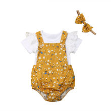 0-18M Cute Newborn Baby Girl Clothes Summer Short Sleeve Lace Cotton Bodysuit Floral Overalls Headband 3PCS Baby Clothing Set 2024 - buy cheap