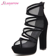 Lasyarrow 2019 Women Sandals Flock +Mesh Net Peep Toe High Thick Heel Summer Sweet Style Fashion Shoes Woman Size33-43 J751 2024 - buy cheap