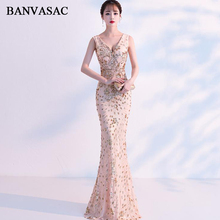 BANVASAC Deep V Neck Elegant Mermaid Sequined Long Evening Dresses Party Tank Sexy Zipper Backless Prom Gowns 2024 - buy cheap