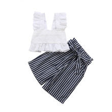 Stripe 2Pcs Lace Toddler Kids Baby Girls White Crop Tops Waist knot striped wide leg pants Outfits Set Clothes 2024 - buy cheap