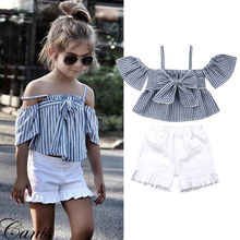 2-7Y Summer Fashion Infant Baby Girls Clothes Sets Cotton Strap Off Shoulder Blue Striped Tops Shorts Summer Outfits Set 2024 - buy cheap