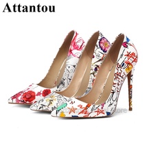 Fashion Pointed Toe Printed Thin High Heel Dress Shoes Women Slip On Evening Party Pumps 2024 - buy cheap