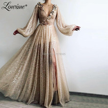 Shiny Champagne V Neck Evening Dresses 2019 Couture Arabic Long Sleeves Party Gowns Abendkleider Beaded Flower Prom Dress 2024 - buy cheap