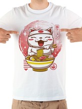 Забавная Мужская футболка с японским аниме, кошкой, Неко, рамен, новинка, белая Повседневная крутая Мужская футболка с коротким рукавом jollypeach 2024 - купить недорого