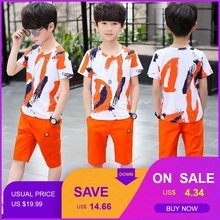Комплект летней одежды для маленьких мальчиков, футболка с коротким рукавом и мультипликационным принтом + штаны, костюм для мальчиков 2024 - купить недорого