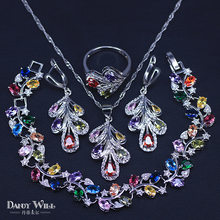4 Pcs Big Leaf Multi Color Elegant Women Prom Party Silver Color Cubic Zirconia Necklace Bracelets Jewelry Set 2024 - buy cheap