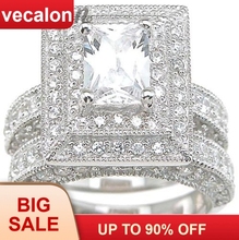 2ct aaaaa zircon cz 14kt branco ouro cheio anel de dedo feminino anel de casamento conjunto de anel de banda de casamento de noivado de moda vecalon para mulher 2024 - compre barato