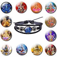 Elefante deus ganesh hinduísmo sorte botão preto pulseira de couro trançado charme jóias para homens mulher religião presente 2024 - compre barato