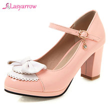 Lasyarrow-zapatos de tacón alto con correa en el tobillo para mujer, calzado de plataforma con lazo y punta redonda, Color sólido, J777 2024 - compra barato