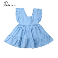 Платье для маленьких девочек, синее платье до колена с рукавами-крылышками и оборками, повседневное летнее платье, 2019 2024 - купить недорого