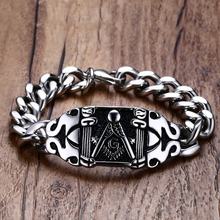 Mens Freemasons Bracelets Vintage Silver Color Tone Stainless Steel Curb Chain Biker Punk Masonic Symbol For Male Jewelry 21CM 2024 - buy cheap