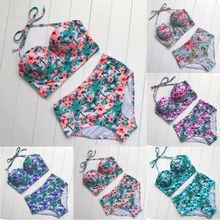 Conjunto de biquíni floral de verão, cintura alta, com bojo, sutiã acolchoado, traje de banho de duas peças, roupa de praia 2024 - compre barato