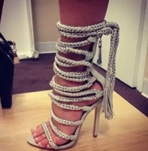 Sexy Ladies Chains Trançado de Tiras Da Sandália Botas Cortar Gladiador Borla Rendas Até Ankle Boot Senhoras Do Dedo Do Pé Aberto Verão Franjas botte 2024 - compre barato