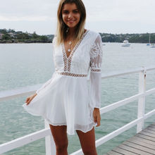 Women Casual V-Neck Dress Long Sleeve Lace Trim Short Mini Dress Hollow Out See-through Beach Sundress 2024 - buy cheap