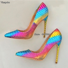 2019 New Pointed Toe Shoes Women Colorful Rainbow Snake Printed Pumps 8/10/12cm High Heels Genuine Leather Stilettos Women Shoes 2024 - buy cheap