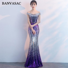 BANVASAC Boat Neck Gradient Color Sequined Mermaid Long Evening Dresses Party Off The Shoulder Backless Prom Gowns 2024 - buy cheap