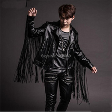 Tide male singer PU leather Tassels Jacket Blazer Zipper pants suit sets Club Bar Hip Hop Jazz show costumes Band stage outfit 2024 - buy cheap