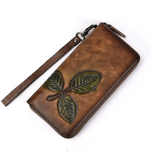 Women Real Cowhide Clutch Wallets Card Holders Printing Greenery Handy Wallets Vintage Genuine Leather Long Zipper Purse 2024 - buy cheap