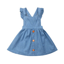 Летнее Детское платье для маленьких девочек, повседневное вечернее платье на бретельках, синий джинсовый сарафан на кнопках, комбинезоны, одежда 2024 - купить недорого