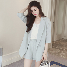 Office Lady Women Cotton Linen Blazer Shorts Suit Set Shor Sleeve Jacket Coat+high Waist Pocket Mini Pant Suits Female Tracksuit 2024 - buy cheap