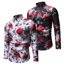 Men's Slim Long Sleeve V Neck Button Collar Casual  Shirt Basic Tops Tee Flower Single Breasted Turn Down Collar Cloth Autumn 2024 - buy cheap