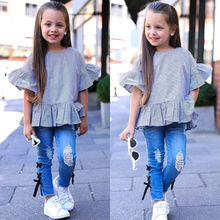 AU Toddler Kids Baby Girl Ruffle Stripe Tops Denim Pants Jeans Outfits Clothes 2024 - buy cheap