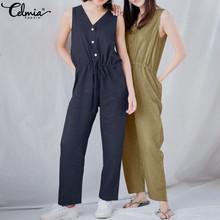2019 Summer Celmia Vintage Women Jumpsuits Sexy V Neck Sleeveless Rompers Botton Casual Loose Playsuits Solid Plus Size Overalls 2024 - buy cheap