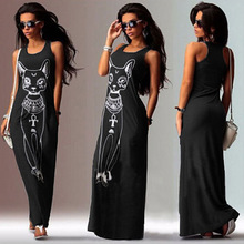 2019 Women Summer Long Maxi Dress Casual Cat Print Boho Beach Dress Sexy Evening Party Bodycon Dress Vestidos Largos Mujer 2024 - buy cheap