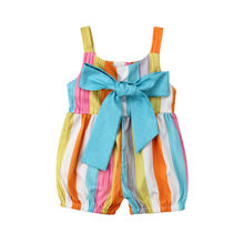 Милая летняя одежда для новорожденных девочек; комбинезон принцессы без рукавов в разноцветную полоску с бантом для девочек; комбинезон; костюм; пляжный костюм 2024 - купить недорого
