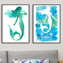 Meninas decoração do quarto aquarela sereia impressão e cartaz mão desenhada arte da parede impressão em tela estilo nórdico crianças decoração do quarto 2024 - compre barato