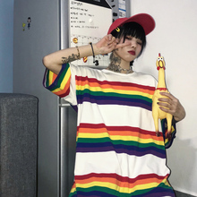 Rainbow Stripe Print T-Shirt 2019 New Summer Korean Harajuku O-Neck Thin Loose Casual Top Tees Women Clothes 2024 - buy cheap