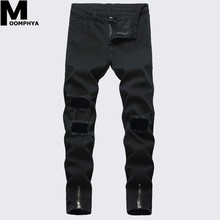 Мужские рваные джинсы Moomphya, черные зауженные джинсы с дырками, на молнии, в стиле хип-хоп 2024 - купить недорого
