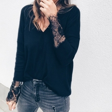 New Women's Sexy Lace Sleeves Knitted Top V Neck Ladies Plus Size Long Sleeve Baggy Sweater Jumper Tops 2024 - buy cheap