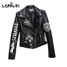 LORDXX Black Graffiti Leather Jacket Women 2019 New Spring Punk Moto Coat Cropped Faux Jackets with belt 2024 - buy cheap