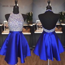 Hot Sale Cocktail Party Dress 2021 Robe cocktail Halter Heavy Beading Royal Blue Satin Sexy Open Back Short Mini Cocktail Dress 2024 - buy cheap