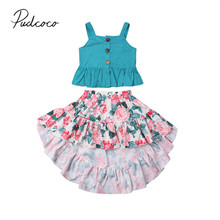 2019 Brand New Kid Baby Girl Summer Boho Holiday Sets 2PCS Ruffles Single Breasted Blue Vest Crops Tops+Floral Skirt Outfit 2-7Y 2024 - buy cheap