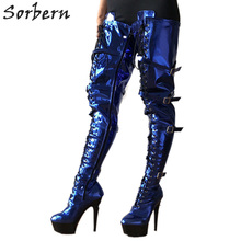 Sorbern Sexy Fetish Boots High Heel 15Cm Platform Thigh High Boots Burlesque Heel 80cm Crotch Cosplay Goth Punk Blue Metallic 2024 - buy cheap