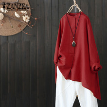 2020 ZANZEA Spring Long Sleeve Blouse Women Casual O Neck Loose Long Shirt Vestidos Vintage Solid Cotton Linen Irregular Tops 2024 - buy cheap