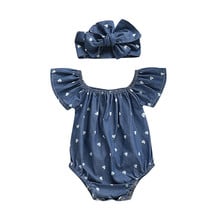 Niños recién nacidos Baby Girls Ruffle 2 uds trajes Denim Color azul mono verano estampado Off Shoulder peleles diadema 2024 - compra barato