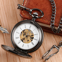 Polimento liso duplo caçador relógios de bolso mecânico numerais romanos display pingente bolso relógio melhor retro presentes aniversário 2024 - compre barato