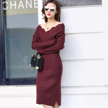 Vestido suéter feminino tricotado, vestido elegante com decote em v, moda outono e inverno 2024 - compre barato