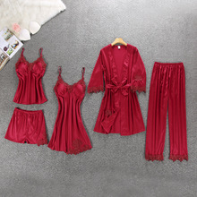 Pijama de seda para mujer, ropa de dormir de satén, bordado en casa, con almohadillas para el pecho, 5 piezas 2024 - compra barato