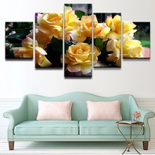 Pintura de impressão hd flor de rosa amarela, 5 peças, posteres modular para moderno decorativo, quarto, sala de estar, casa, arte de parede, decoração 2024 - compre barato