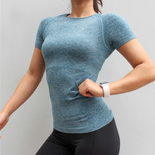 Camiseta esportiva sem costura feminina, camiseta para treino de ioga, de manga curta, para academia e corrida 2024 - compre barato