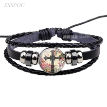 Fashion Accessories Vintage Christian Cross Black Button Weave Leather Glass Dome Pendant Jewelry Bracelet Easter Memorial Gift 2024 - buy cheap