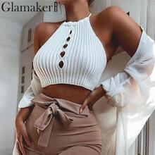 Glamaker Halter knitted hollow out crop tops Women sexy backless streetwear shirt tops Summer flourescence female party club top 2024 - buy cheap